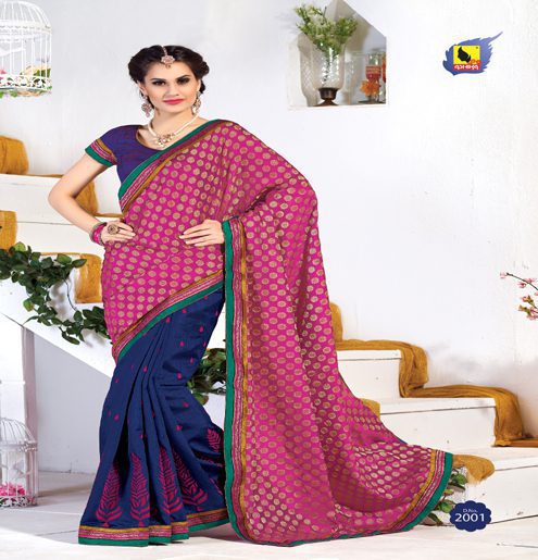Kangana Navy Blue & Pink Dupion Silk Saree - Fashion Greet Kangana Navy Blue & Pink Dupion Silk Saree - Fashion Greet
