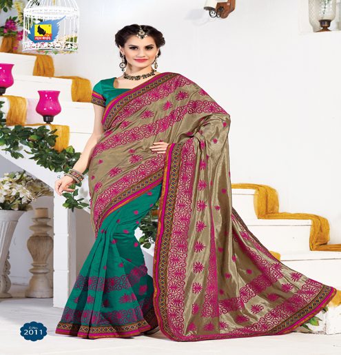Kangana Chiku & Green Dupion Silk Saree - Fashion Greet Kangana Chiku & Green Dupion Silk Saree - Fashion Greet