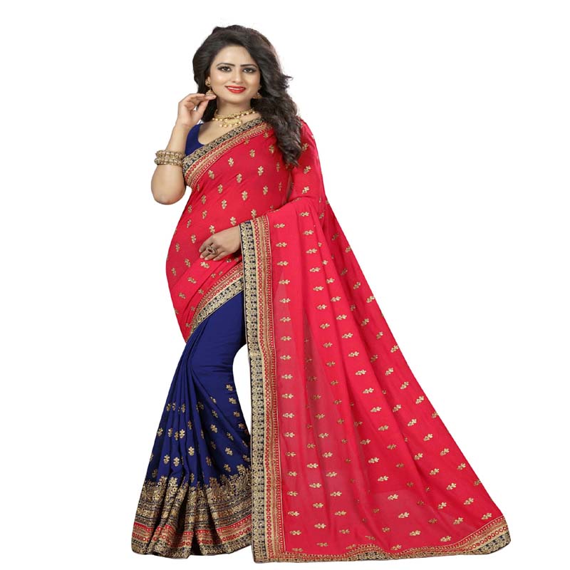 Seasons Pink & Blue Colored Crush Bamberg Georgette Saree. - Fashion Greet Seasons Pink & Blue Colored Crush Bamberg Georgette Saree. - Fashion Greet