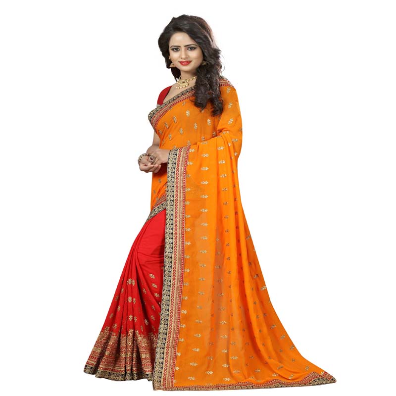 Seasons Orange & Red Colored Crush Bamberg Georgette Saree. - Fashion Greet Seasons Orange & Red Colored Crush Bamberg Georgette Saree. - Fashion Greet