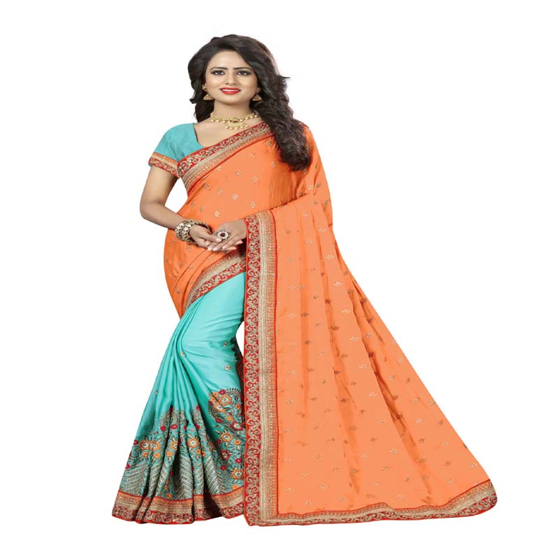 Seasons Orange And Blue Colored Crepe Silk Saree. - Fashion Greet Seasons Orange And Blue Colored Crepe Silk Saree. - Fashion Greet