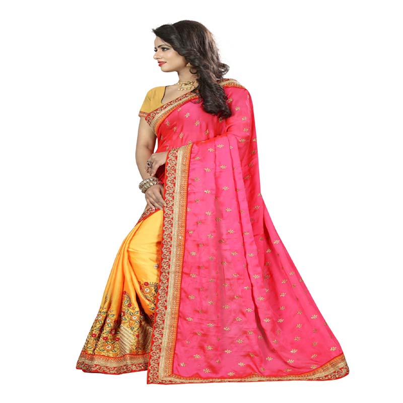 Seasons Pink & Yellow Colored Crepe Silk Saree. - Fashion Greet Seasons Pink & Yellow Colored Crepe Silk Saree. - Fashion Greet