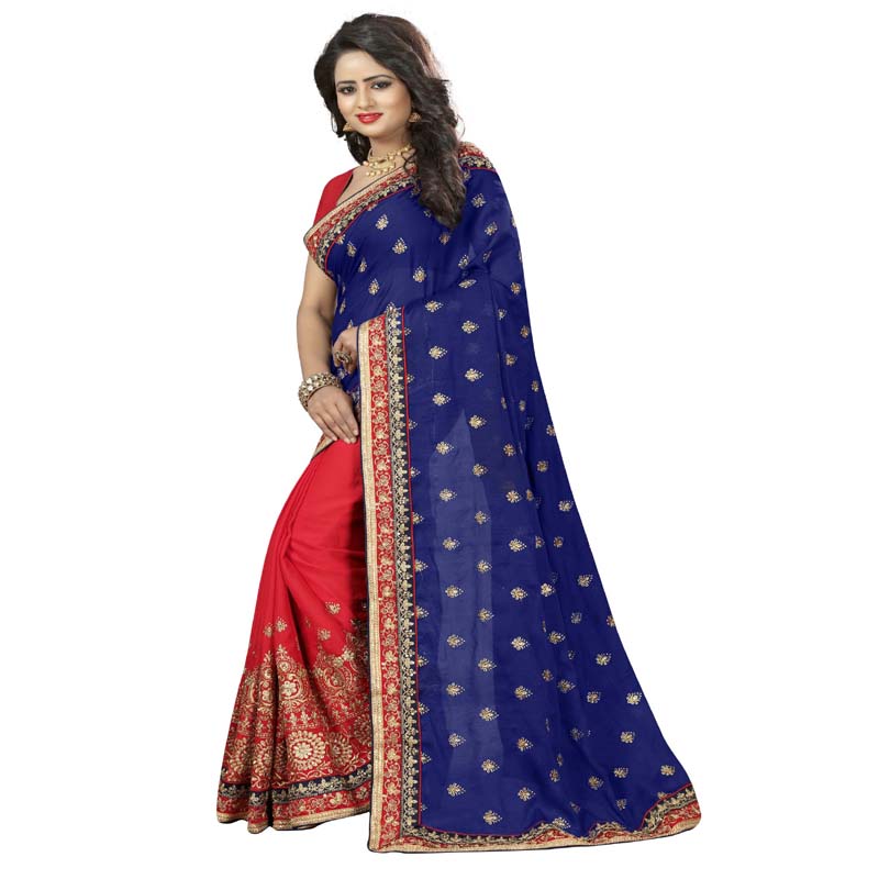 Seasons Blue And Pink Colored Crush Bamberg Georgette Saree. - Fashion Greet Seasons Blue And Pink Colored Crush Bamberg Georgette Saree. - Fashion Greet
