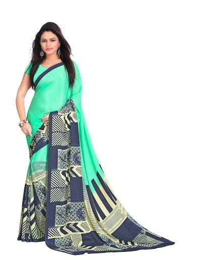Seasons Sea Green Crepe Print Work Saree - Fashion Greet Seasons Sea Green Crepe Print Work Saree - Fashion Greet