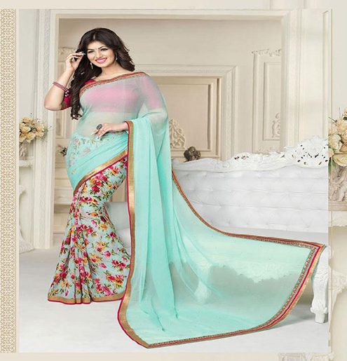 Seasons Aqua Printed Georgette Traditional Saree - Fashion Greet Seasons Aqua Printed Georgette Traditional Saree - Fashion Greet