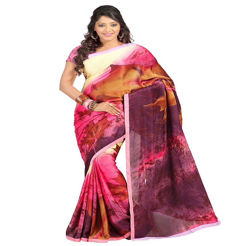 Seasons Printed Pink Satin Georgette Saree - Fashion Greet Seasons Printed Pink Satin Georgette Saree - Fashion Greet