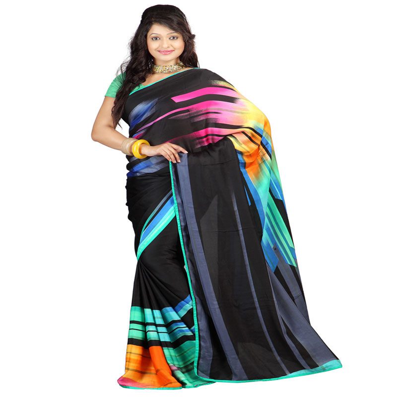 Seasons Printed Black Satin Georgette Saree - Fashion Greet Seasons Printed Black Satin Georgette Saree - Fashion Greet