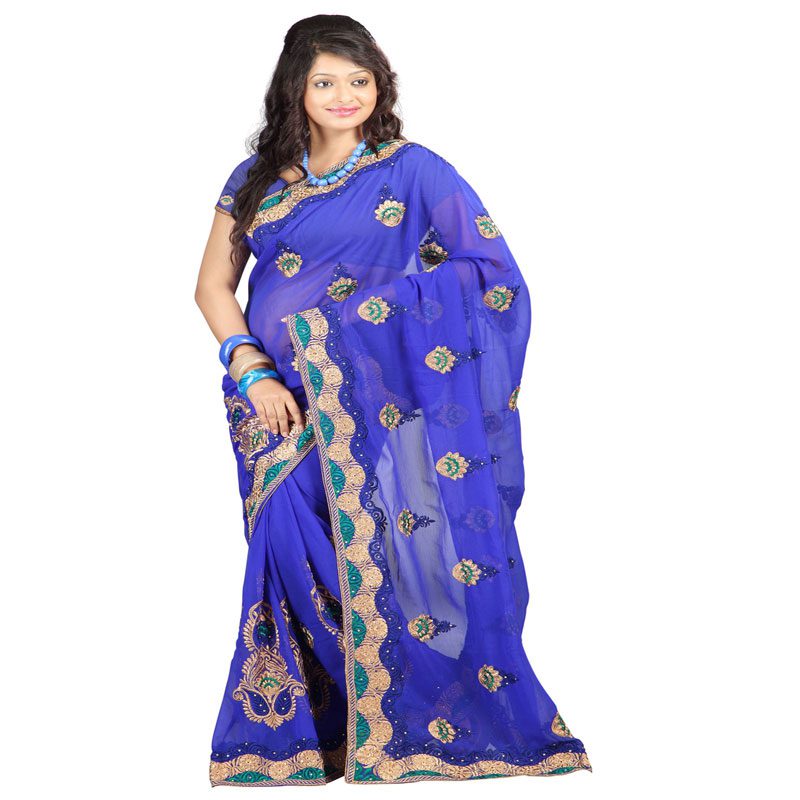 Seasons Embroidered Blue Chiffon Saree - Fashion Greet Seasons Embroidered Blue Chiffon Saree - Fashion Greet