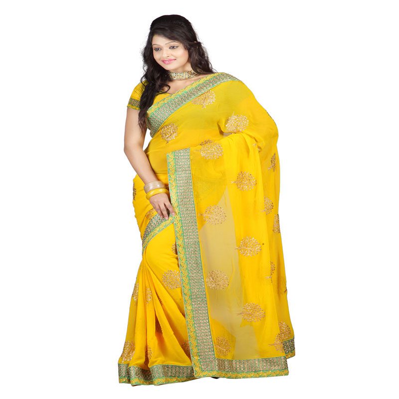 Seasons Embroidered Yellow Chiffon Saree - Fashion Greet Seasons Embroidered Yellow Chiffon Saree - Fashion Greet