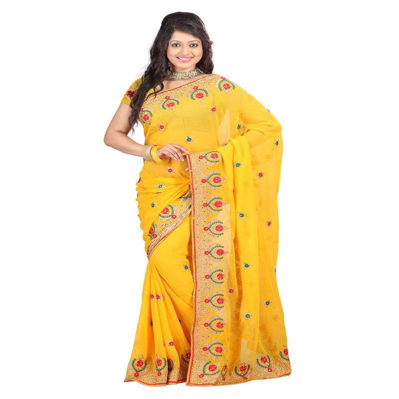 Seasons Embroidered Yellow Chiffon Saree - Fashion Greet Seasons Embroidered Yellow Chiffon Saree - Fashion Greet