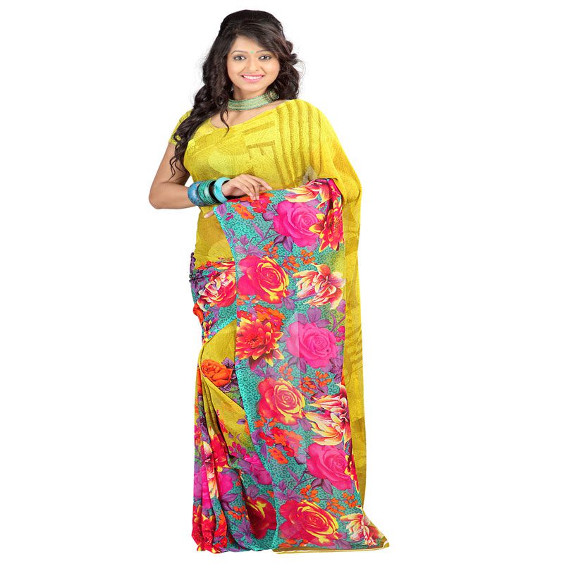 Seasons Printed Yellow Faux Georgette saree - Fashion Greet Seasons Printed Yellow Faux Georgette saree - Fashion Greet