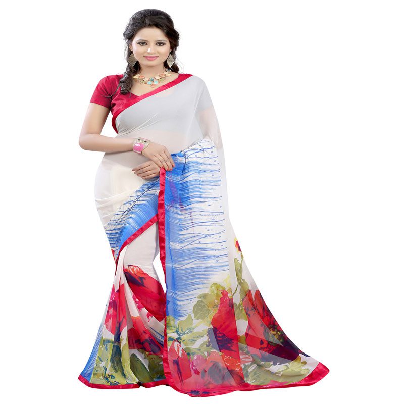 Seasons Printed White Georgette saree - Fashion Greet Seasons Printed White Georgette saree - Fashion Greet