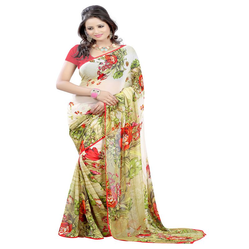 Seasons Printed White Georgette saree - Fashion Greet Seasons Printed White Georgette saree - Fashion Greet