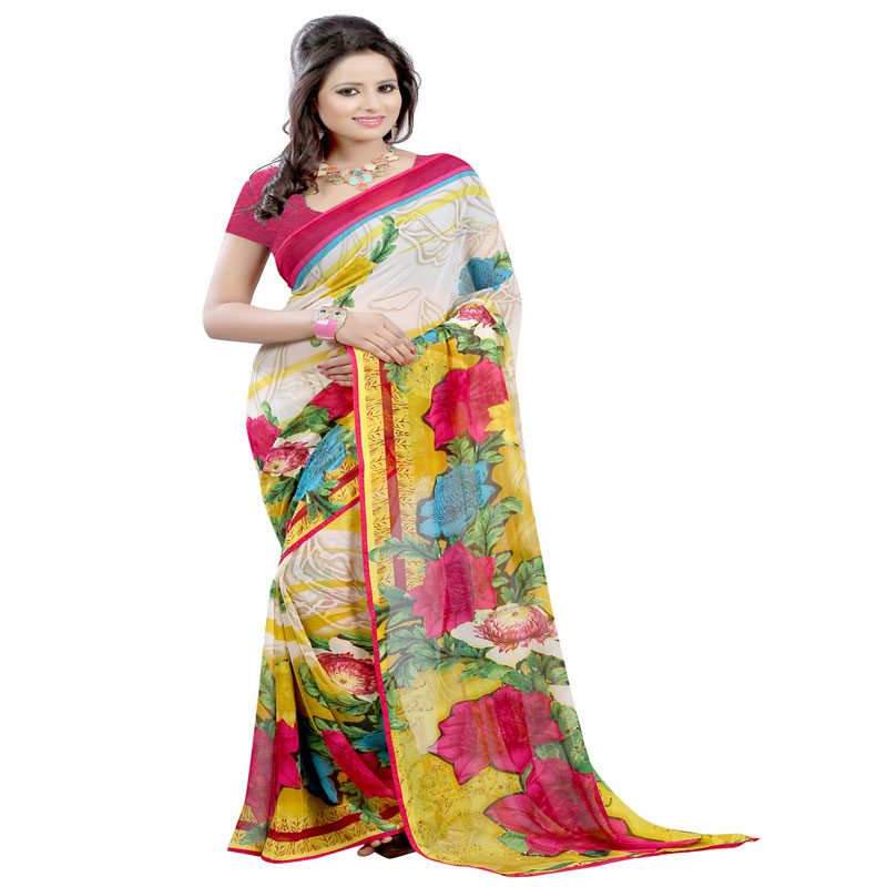 Seasons Printed White Georgette saree - Fashion Greet Seasons Printed White Georgette saree - Fashion Greet