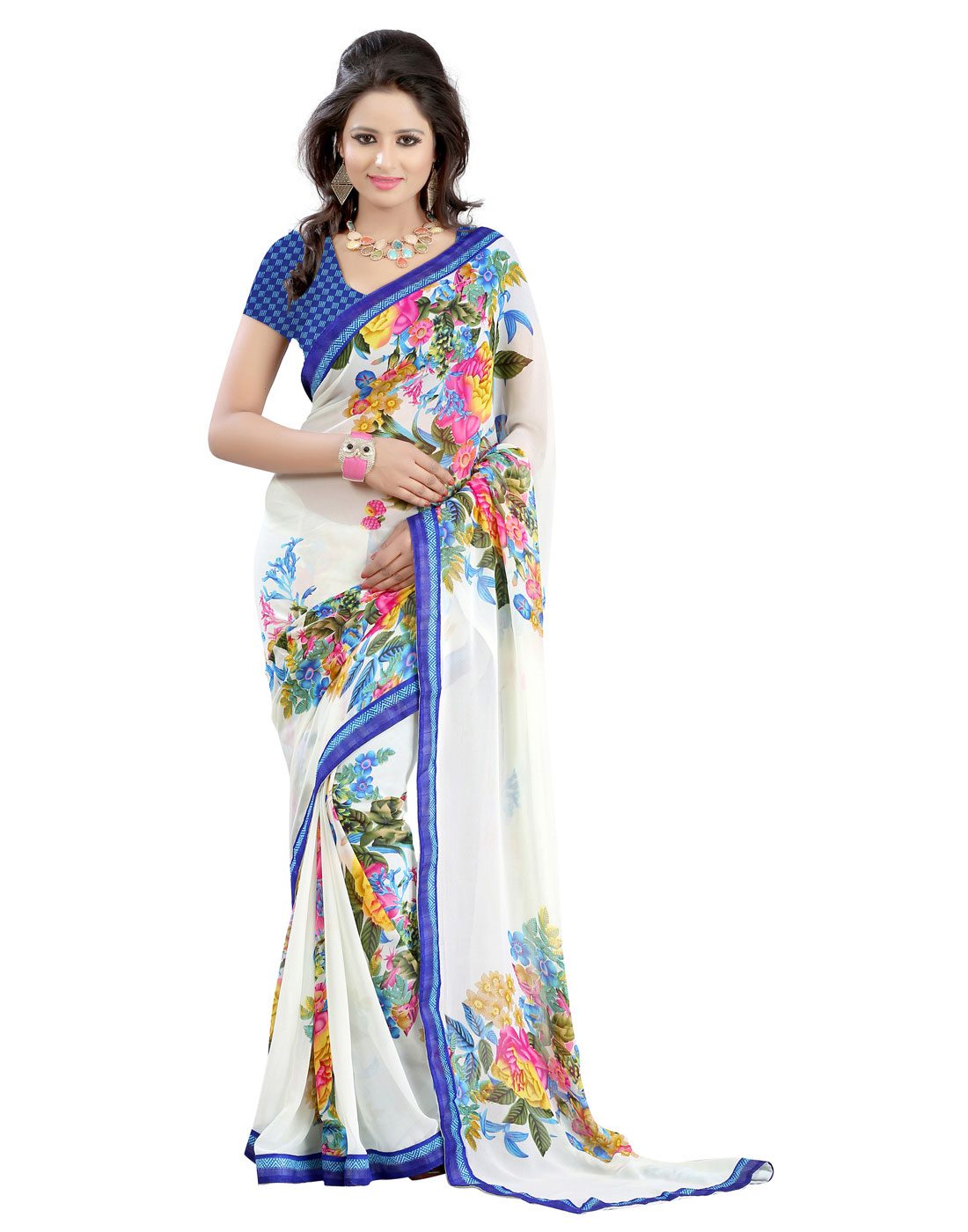 Seasons Printed White Faux Georgette Saree - Fashion Greet Seasons Printed White Faux Georgette Saree - Fashion Greet