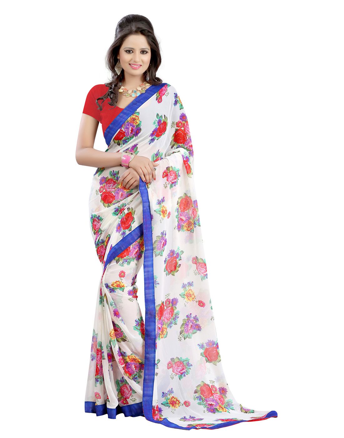 Seasons Printed White Faux Georgette Saree - Fashion Greet Seasons Printed White Faux Georgette Saree - Fashion Greet