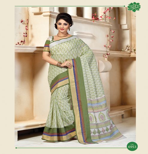 Kajri Green & White Printed Cotton Saree - Fashion Greet Kajri Green & White Printed Cotton Saree - Fashion Greet