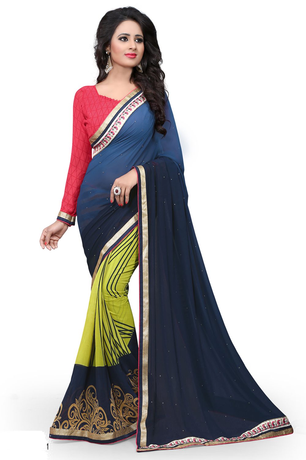 Blue & Green Printed Occation Wear Saree With Matching Blouse Piec - Fashion Greet Blue & Green Printed Occation Wear Saree With Matching Blouse Piec - Fashion Greet