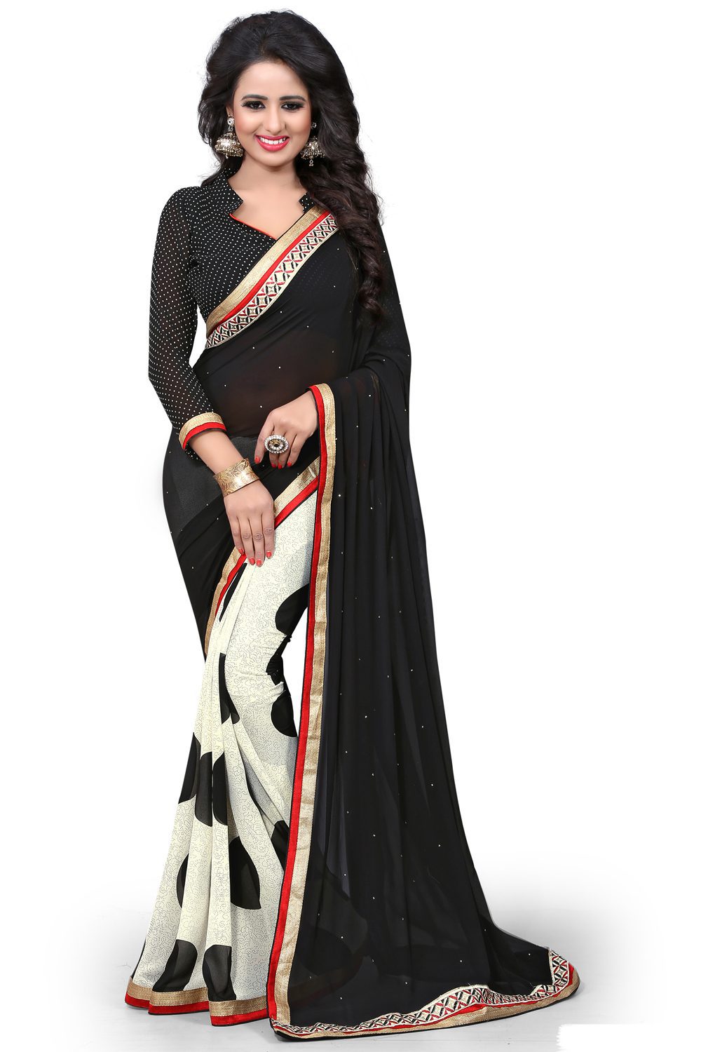 Black & White Printed Occation Wear Saree With Matching Blouse Piece - Fashion Greet