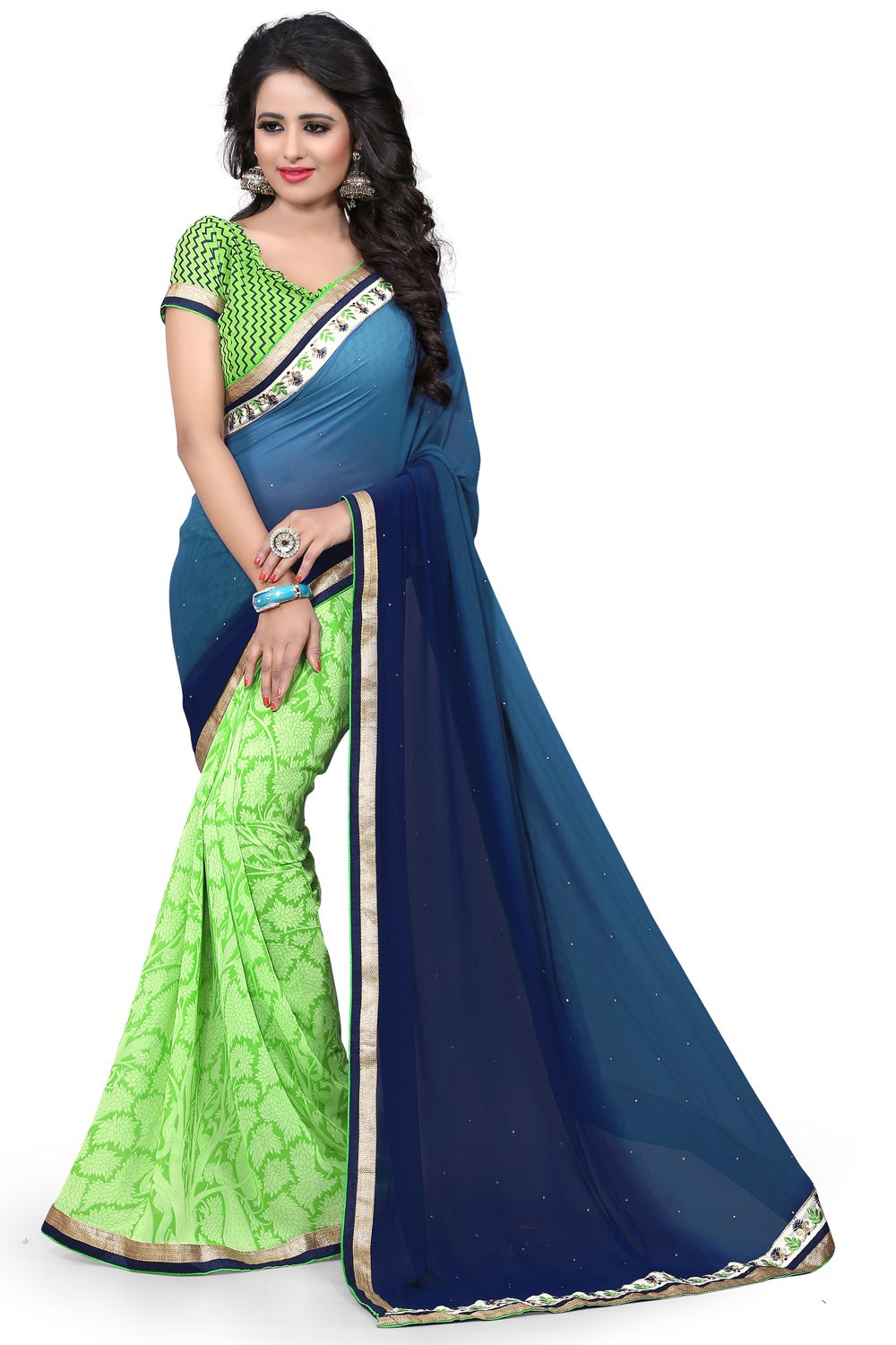 Blue & Green Printed Occation Wear Saree With Matching Blouse Piece - Fashion Greet Blue & Green Printed Occation Wear Saree With Matching Blouse Piece - Fashion Greet