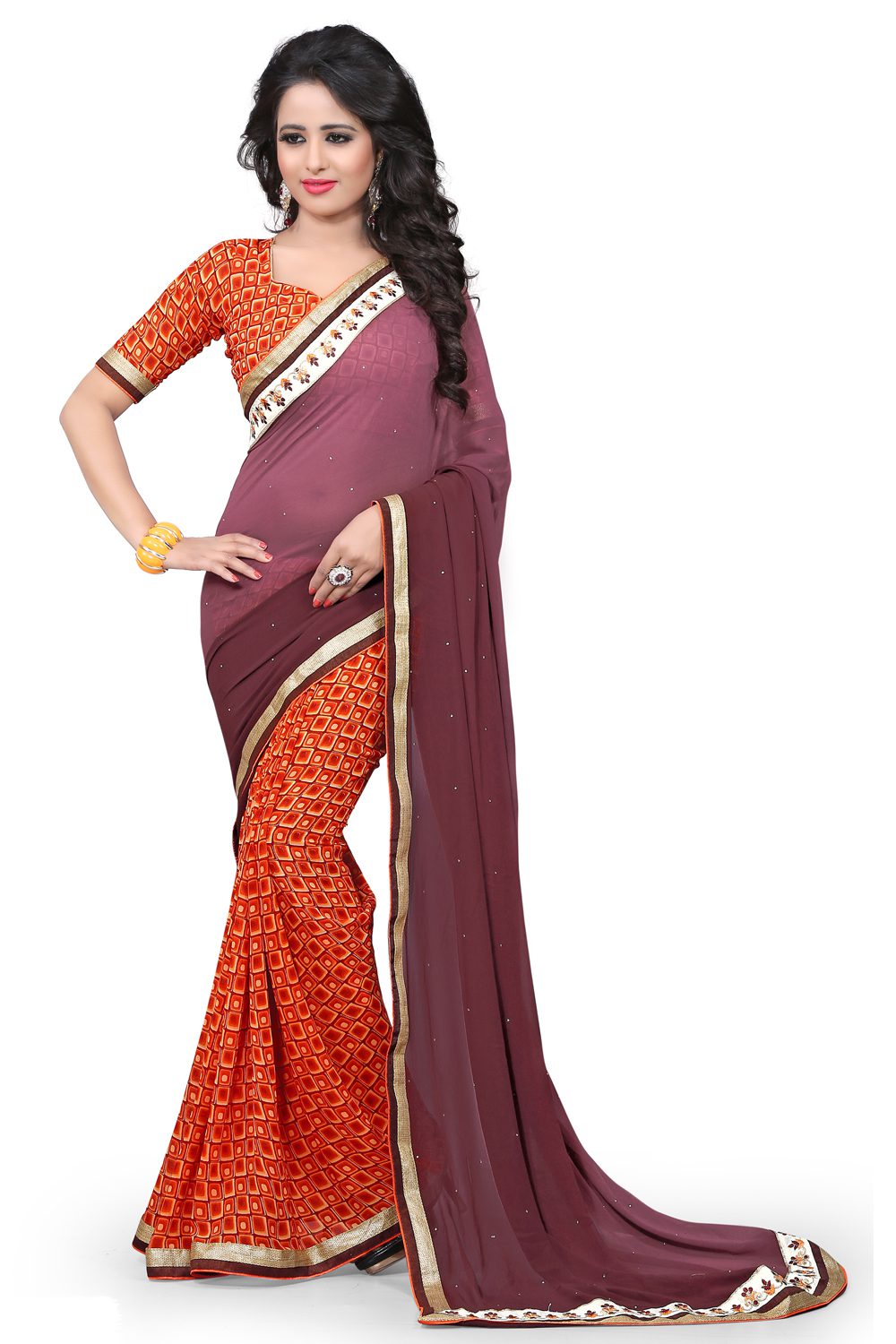 Brown & Orange Printed Occation Wear Saree With Matching Blouse Piece - Fashion Greet Brown & Orange Printed Occation Wear Saree With Matching Blouse Piece - Fashion Greet