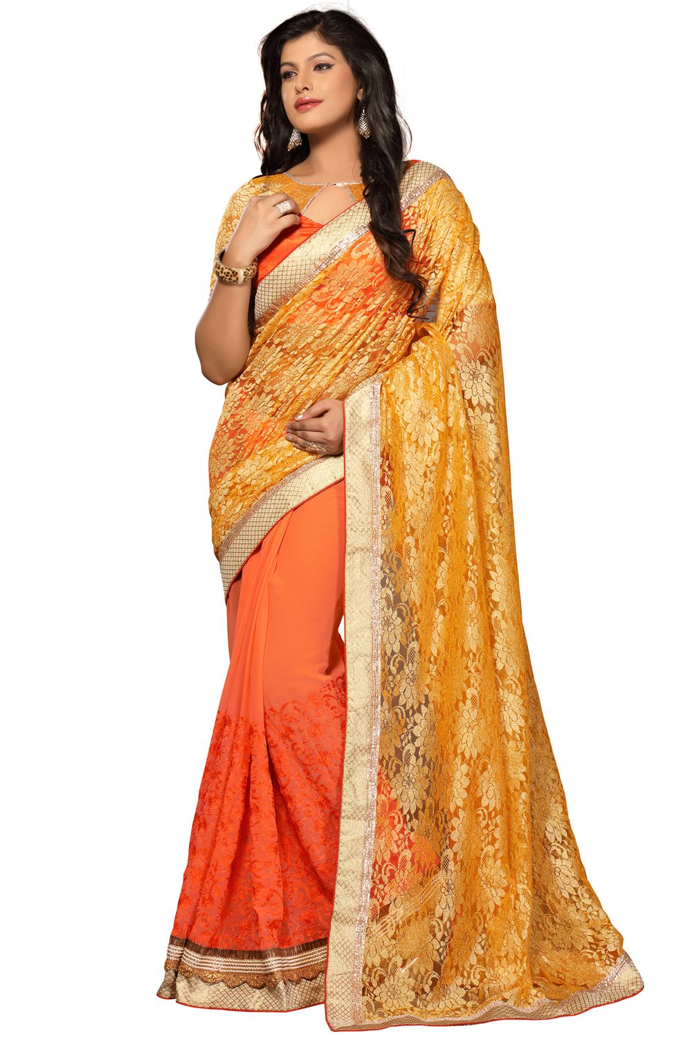 Akriti Orange & Yellow Traditional Saree With Matching Blouse Piece - Fashion Greet Akriti Orange & Yellow Traditional Saree With Matching Blouse Piece - Fashion Greet