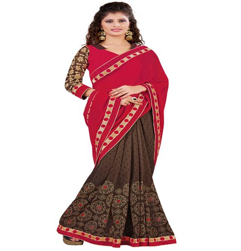 Red & Brown Colour Georgette Occation Wear Traditional Saree With Matching Blouse Piece - Fashion Greet Red & Brown Colour Georgette Occation Wear Traditional Saree With Matching Blouse Piece - Fashion Greet