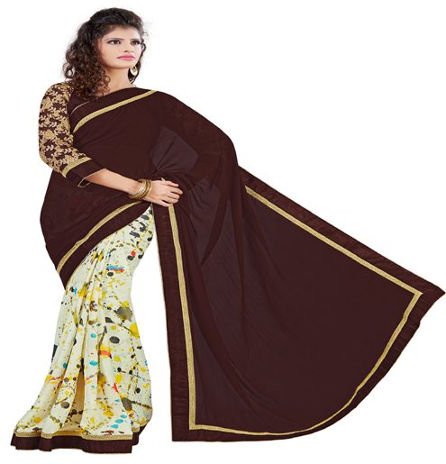 Deep Brown & Off-white Colour Georgette Occation Wear Traditional Saree With Matching Blouse Piece - Fashion Greet Deep Brown & Off-white Colour Georgette Occation Wear Traditional Saree With Matching Blouse Piece - Fashion Greet