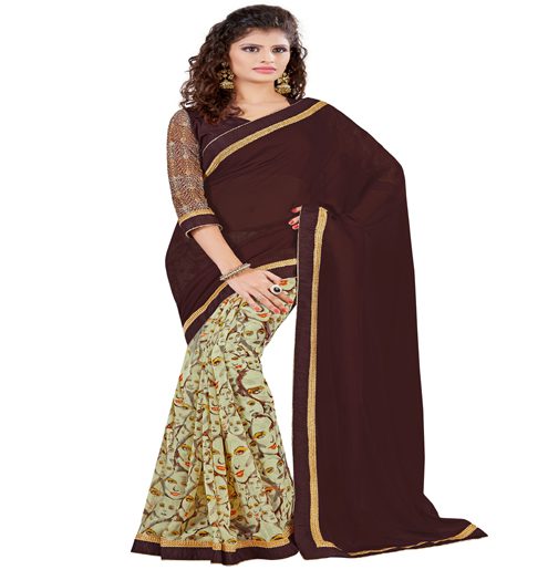 Brown & Cream Colour Georgette Occation Wear Traditional Saree With Matching Blouse Piece - Fashion Greet Brown & Cream Colour Georgette Occation Wear Traditional Saree With Matching Blouse Piece - Fashion Greet