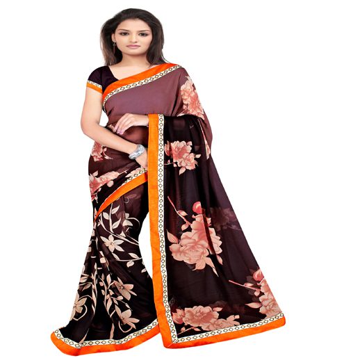 Brown Colour Chiffon Floral Printed Occation Wear Traditional Saree With Matching Blouse Piece - Fashion Greet Brown Colour Chiffon Floral Printed Occation Wear Traditional Saree With Matching Blouse Piece - Fashion Greet