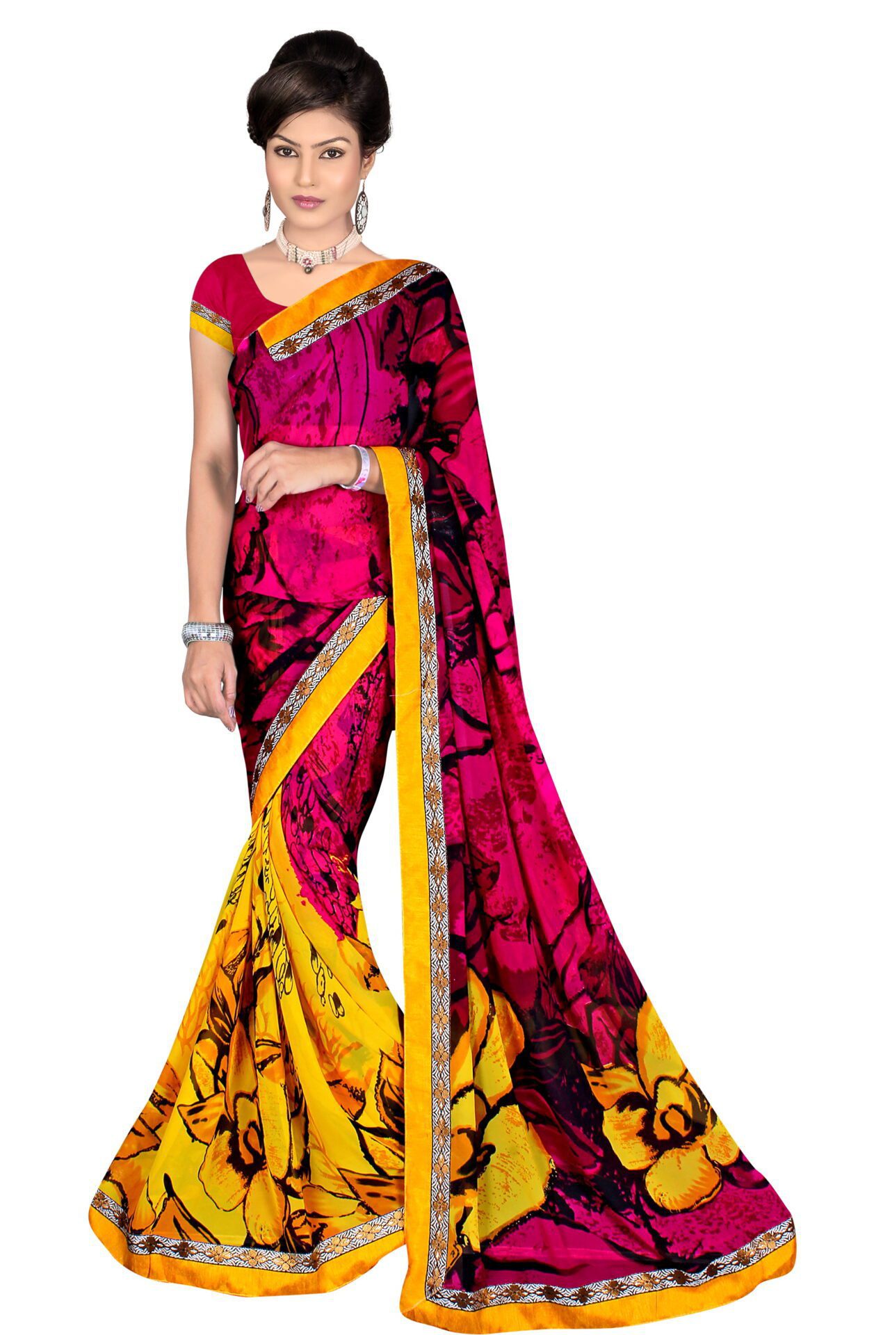 Alka Mustard & Magenta Floral Printed Traditional Saree With Matching Blouse Piece - Fashion Greet Alka Mustard & Magenta Floral Printed Traditional Saree With Matching Blouse Piece - Fashion Greet