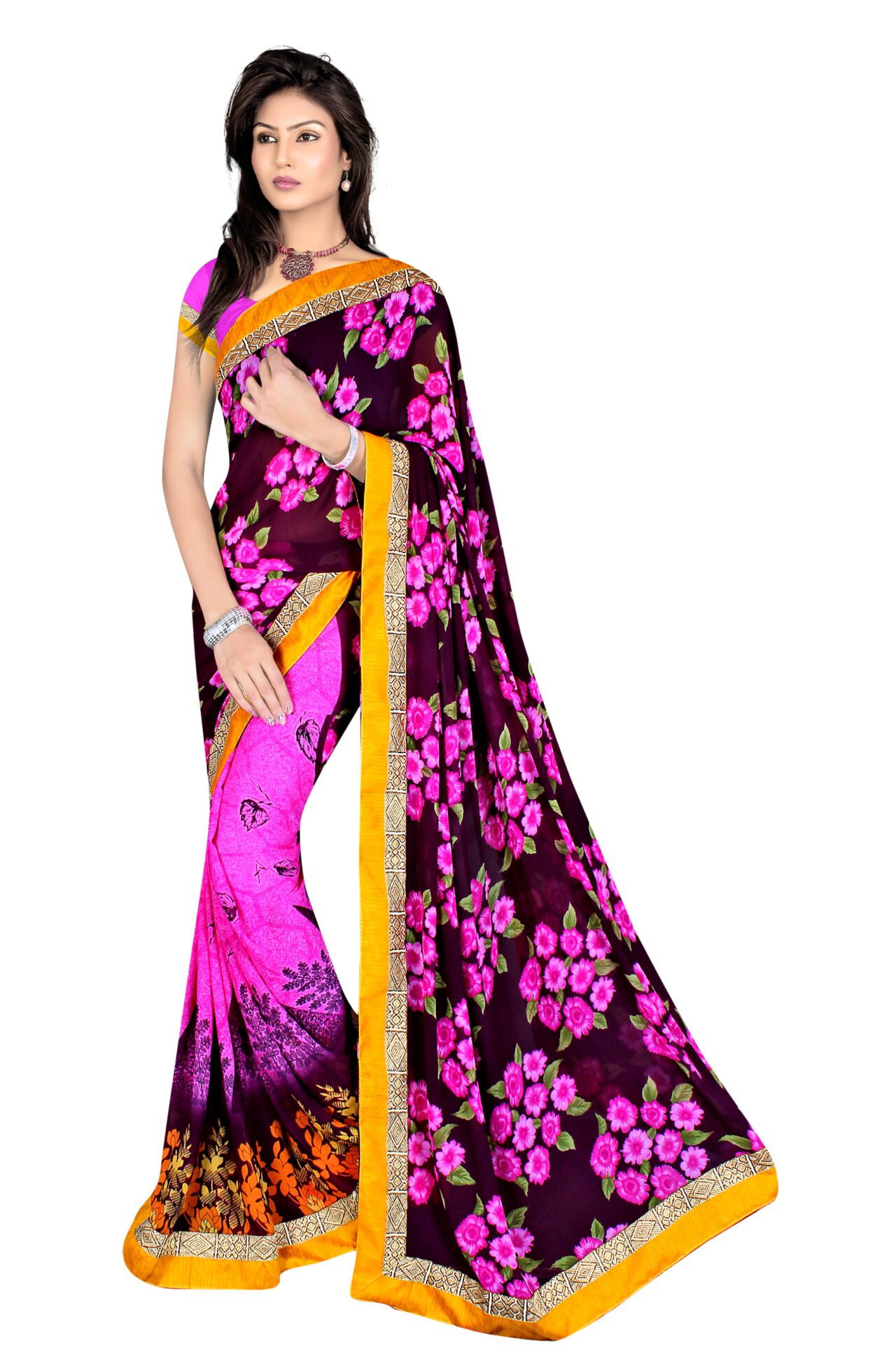 Alka Deep Purple & Maroon Floral Printed Traditional Saree With Matching Blouse Piece - Fashion Greet Alka Deep Purple & Maroon Floral Printed Traditional Saree With Matching Blouse Piece - Fashion Greet