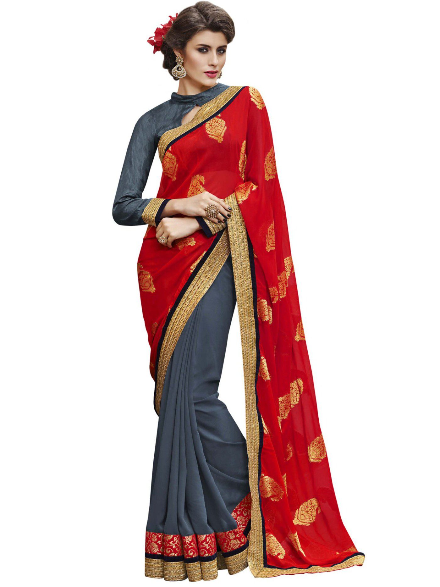 Red & Grey Traditional Designer Saree With Matching Blouse Piece - Fashion Greet Red & Grey Traditional Designer Saree With Matching Blouse Piece - Fashion Greet
