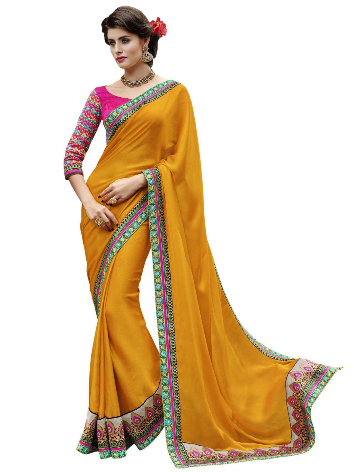 Turmeric Satin Chiffon Traditional Designer Saree With Matching Blouse Piece - Fashion Greet Turmeric Satin Chiffon Traditional Designer Saree With Matching Blouse Piece - Fashion Greet