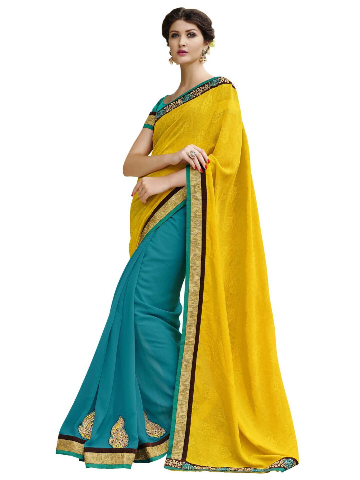 Yellow & Turquoise Traditional Designer Saree With Matching Blouse Piece - Fashion Greet Yellow & Turquoise Traditional Designer Saree With Matching Blouse Piece - Fashion Greet