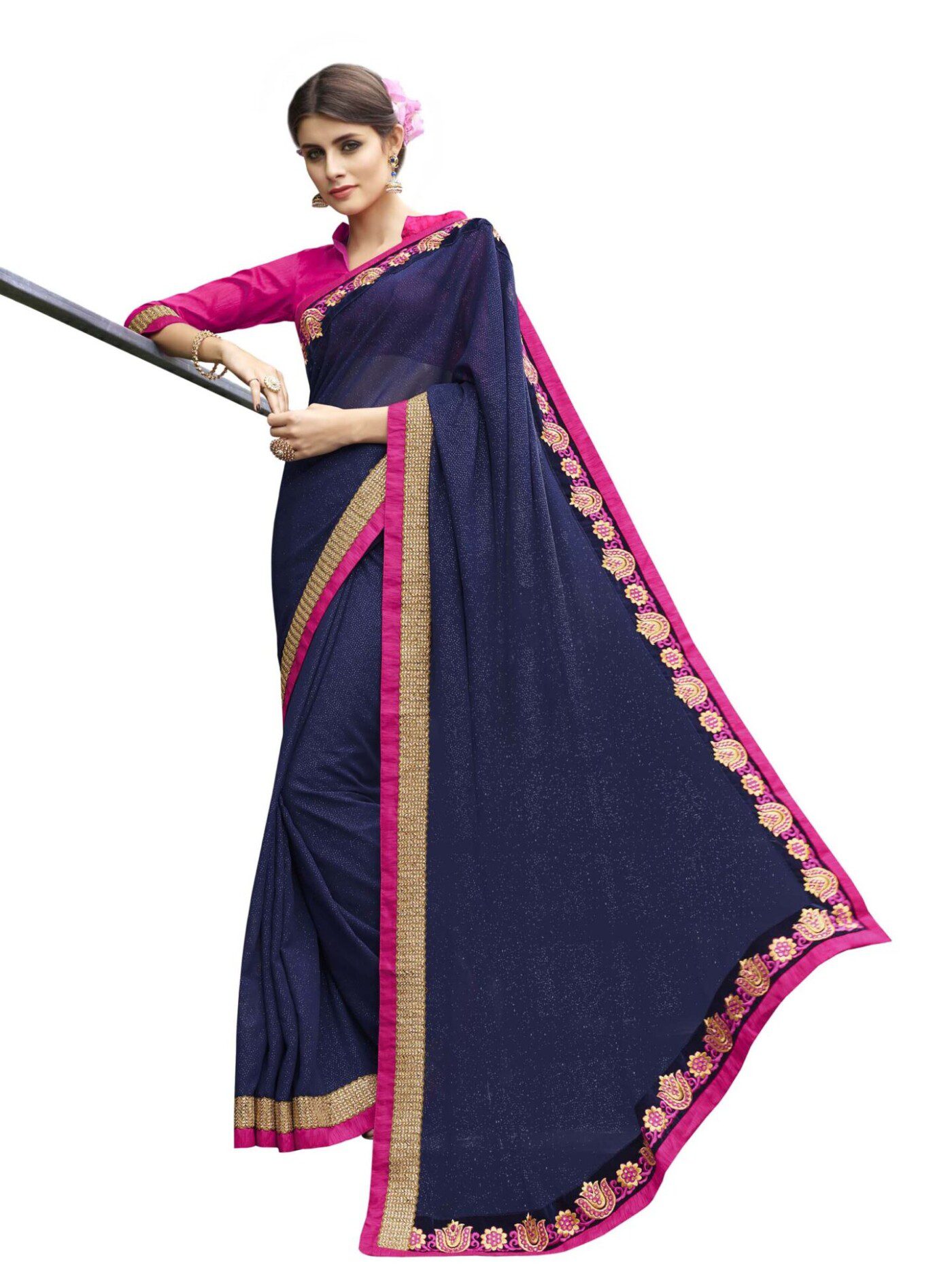 Navy Blue Traditional Designer Saree With Matching Blouse Piece - Fashion Greet Navy Blue Traditional Designer Saree With Matching Blouse Piece - Fashion Greet
