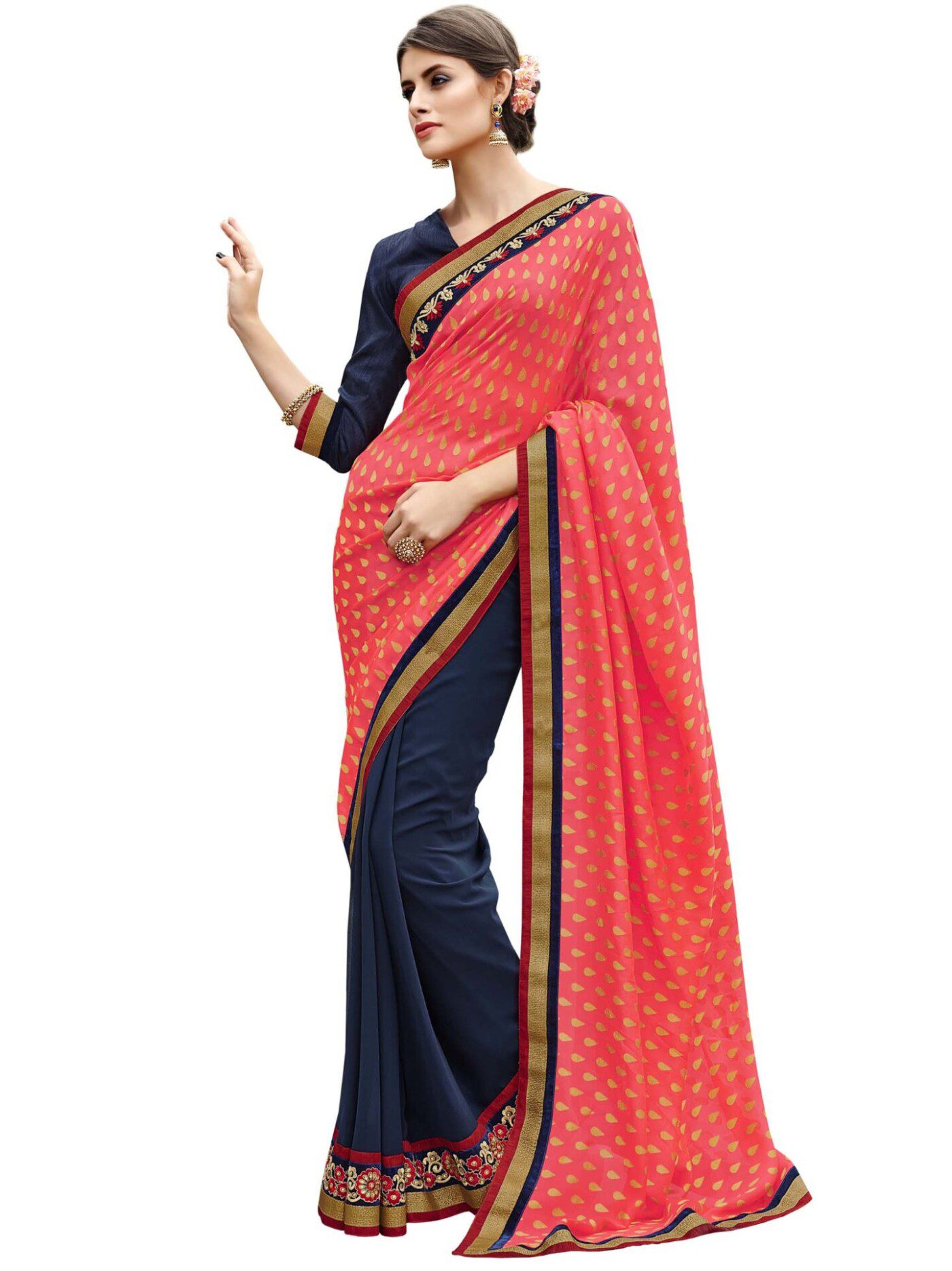 Pink & Navy Blue Traditional Designer Saree With Matching Blouse Piece - Fashion Greet Pink & Navy Blue Traditional Designer Saree With Matching Blouse Piece - Fashion Greet
