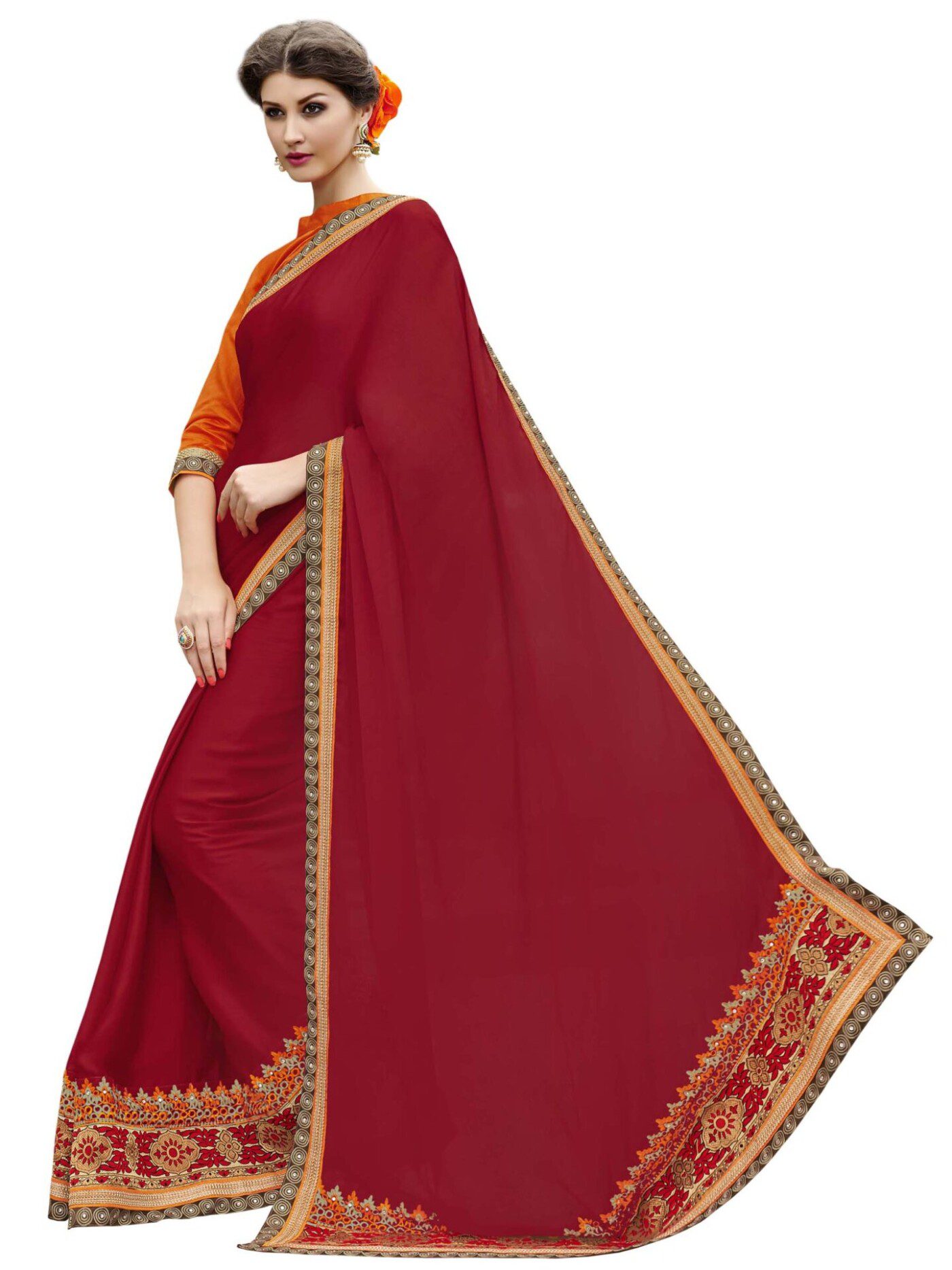 Red Satin Chiffon Traditional Designer Saree With Matching Blouse Piece - Fashion Greet Red Satin Chiffon Traditional Designer Saree With Matching Blouse Piece - Fashion Greet
