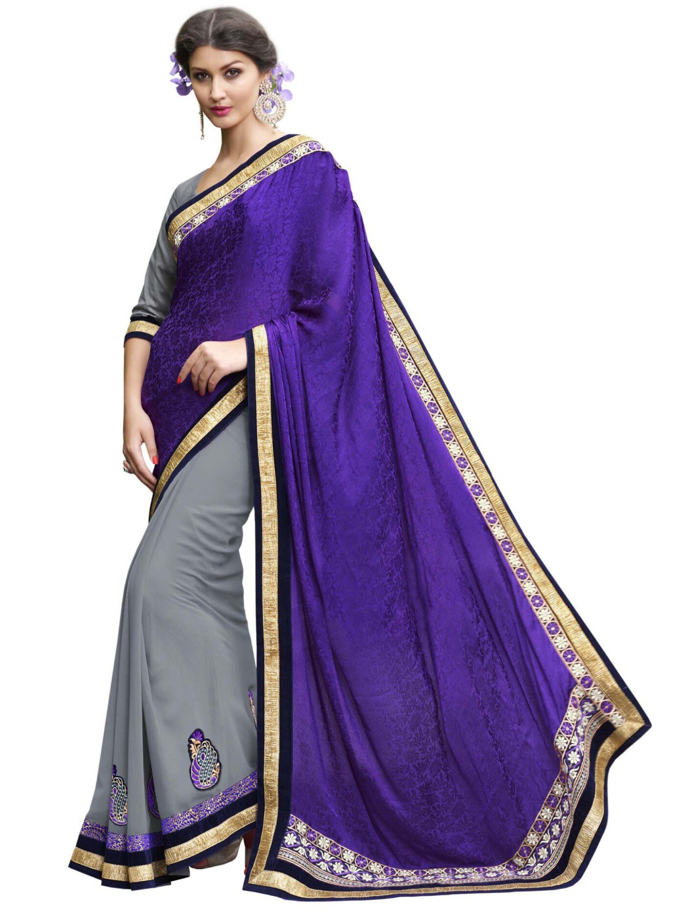 Violet & Grey Traditional Designer Saree With Matching Blouse Piece - Fashion Greet Violet & Grey Traditional Designer Saree With Matching Blouse Piece - Fashion Greet