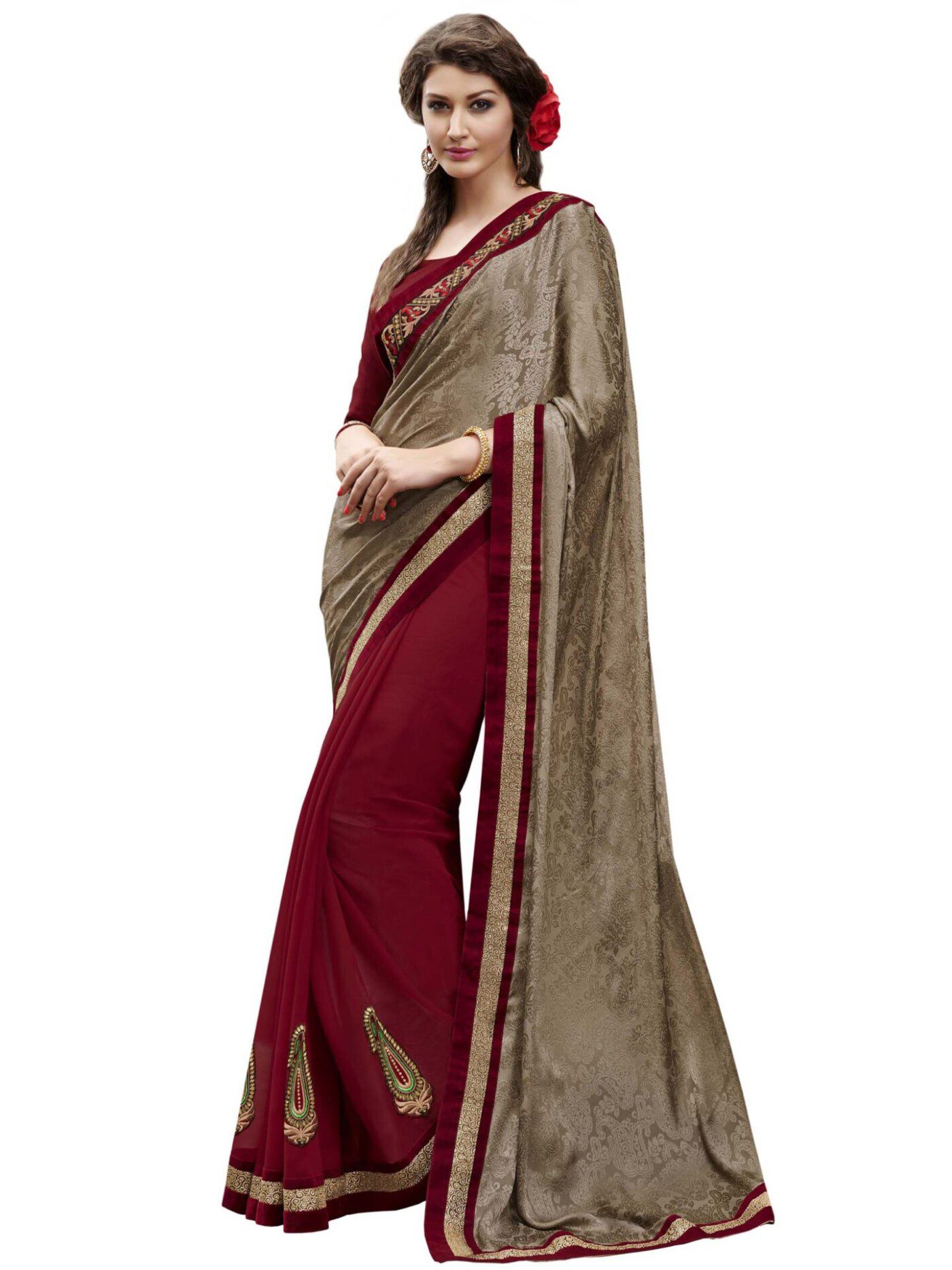 Chocolate Brown & Maroon Traditional Designer Saree With Matching Blouse Piece - Fashion Greet Chocolate Brown & Maroon Traditional Designer Saree With Matching Blouse Piece - Fashion Greet