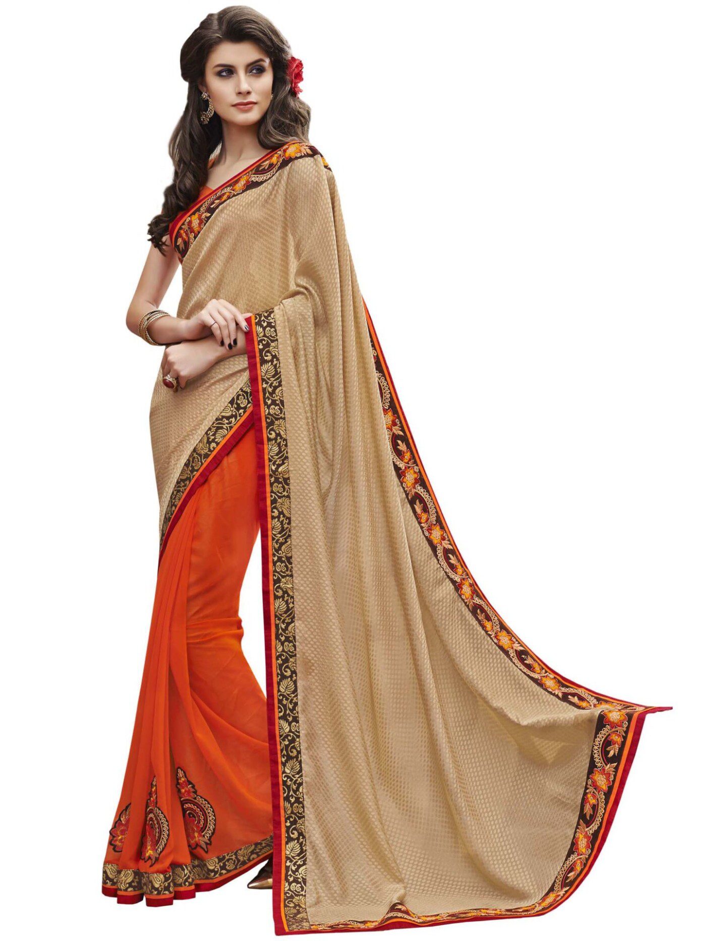 Beige & Orange Traditional Designer Saree With Matching Blouse Piece - Fashion Greet Beige & Orange Traditional Designer Saree With Matching Blouse Piece - Fashion Greet