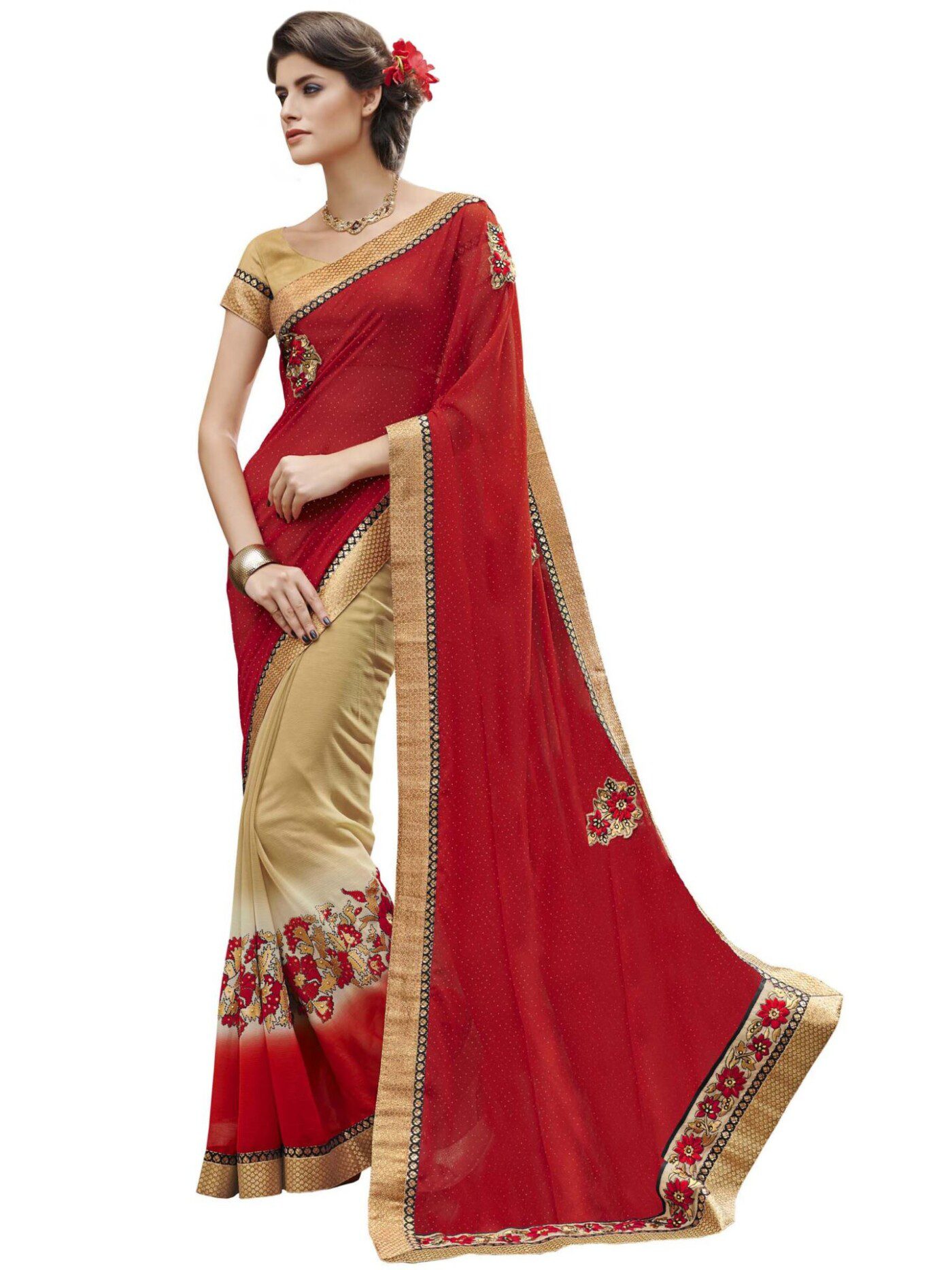 Red & Beige Traditional Designer Saree With Matching Blouse Piece - Fashion Greet Red & Beige Traditional Designer Saree With Matching Blouse Piece - Fashion Greet