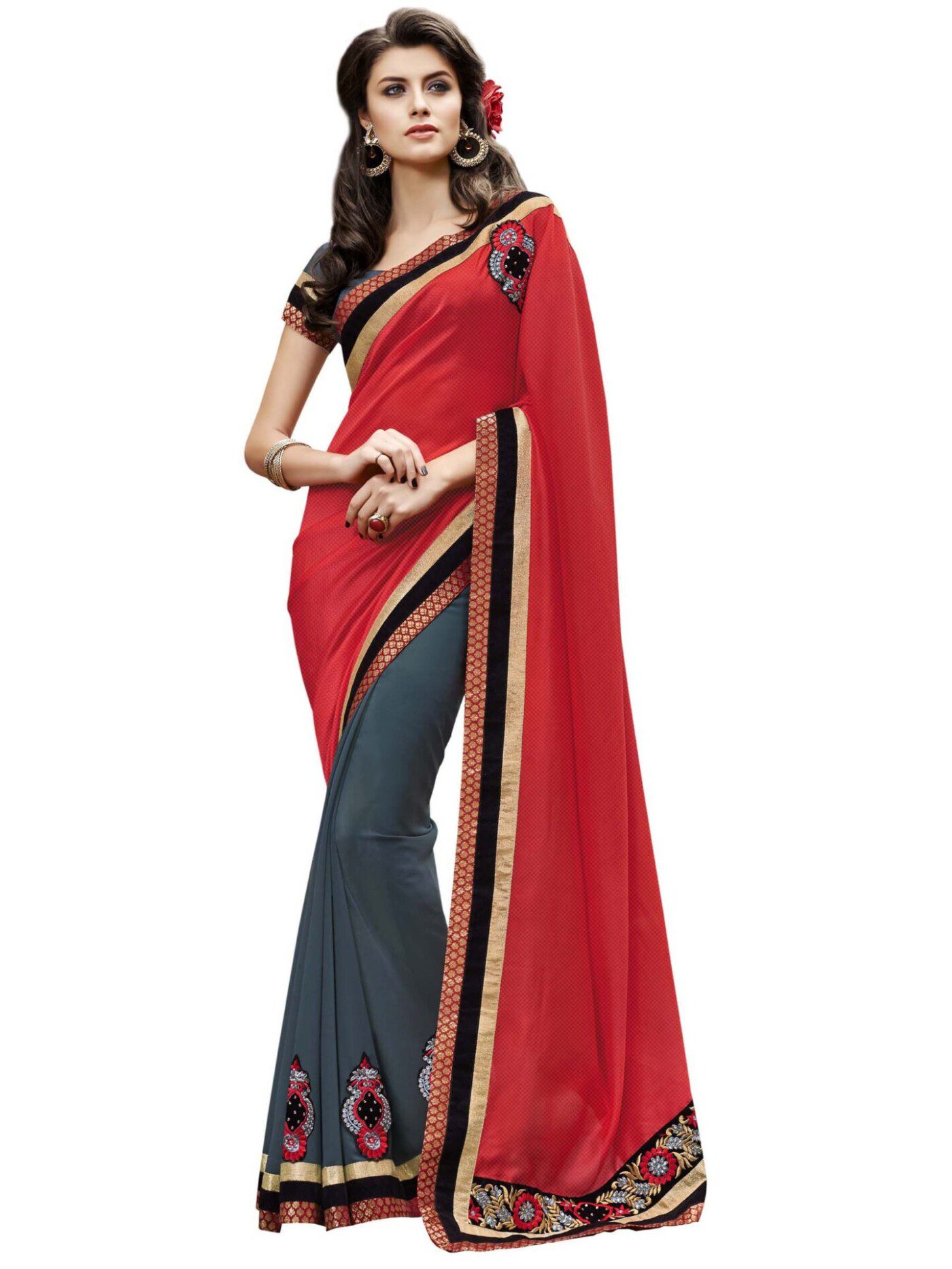 Red & Grey Traditional Designer Saree With Matching Blouse Piece - Fashion Greet Red & Grey Traditional Designer Saree With Matching Blouse Piece - Fashion Greet