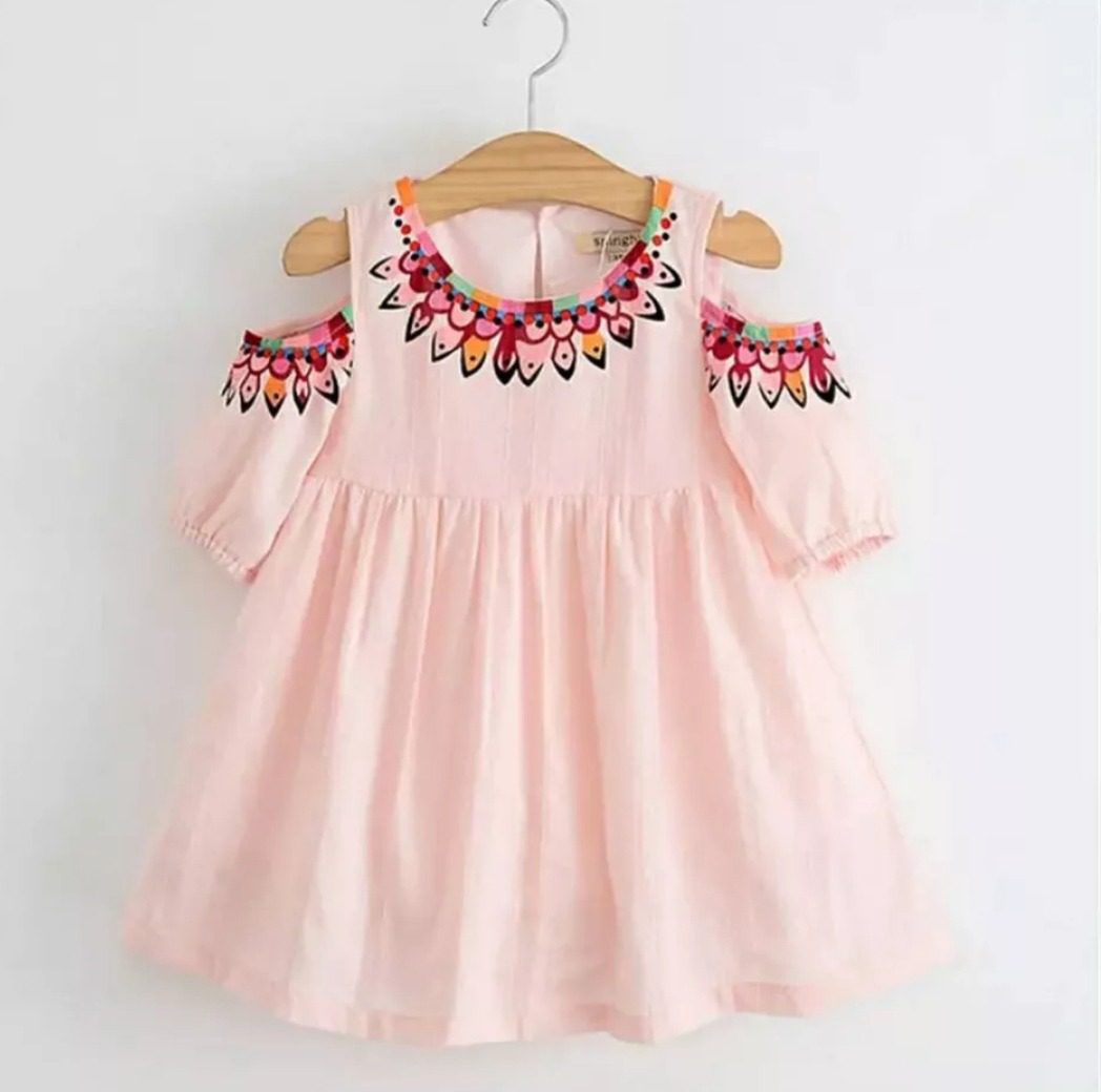 Pink Floral Neck Cotton Frock - Fashion Greet Pink Floral Neck Cotton Frock - Fashion Greet