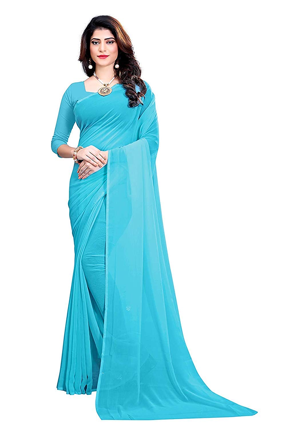 Thadesar Sky Blue Women’s Georgette Saree With Unstitched Blouse Piece - Fashion Greet Thadesar Sky Blue Women’s Georgette Saree With Unstitched Blouse Piece - Fashion Greet