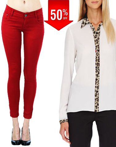 Red Jeans With Animal Print Collar panel & Cuff Chiffon White Shirt - Fashion Greet Red Jeans With Animal Print Collar panel & Cuff Chiffon White Shirt - Fashion Greet