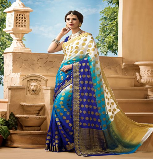 Sakshi Blue & Red Color Crepe Silk Saree - Fashion Greet Sakshi Blue & Red Color Crepe Silk Saree - Fashion Greet