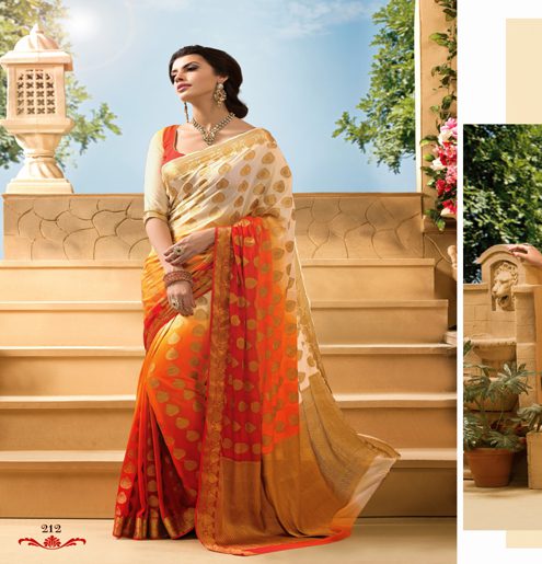 Sakshi Orange & White Color Crepe Silk Saree - Fashion Greet Sakshi Orange & White Color Crepe Silk Saree - Fashion Greet