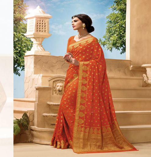 Sakshi Orange Color Crepe Silk Saree - Fashion Greet Sakshi Orange Color Crepe Silk Saree - Fashion Greet