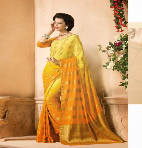 Sakshi Golden & Yellow Color Crepe Silk Saree - Fashion Greet Sakshi Golden & Yellow Color Crepe Silk Saree - Fashion Greet